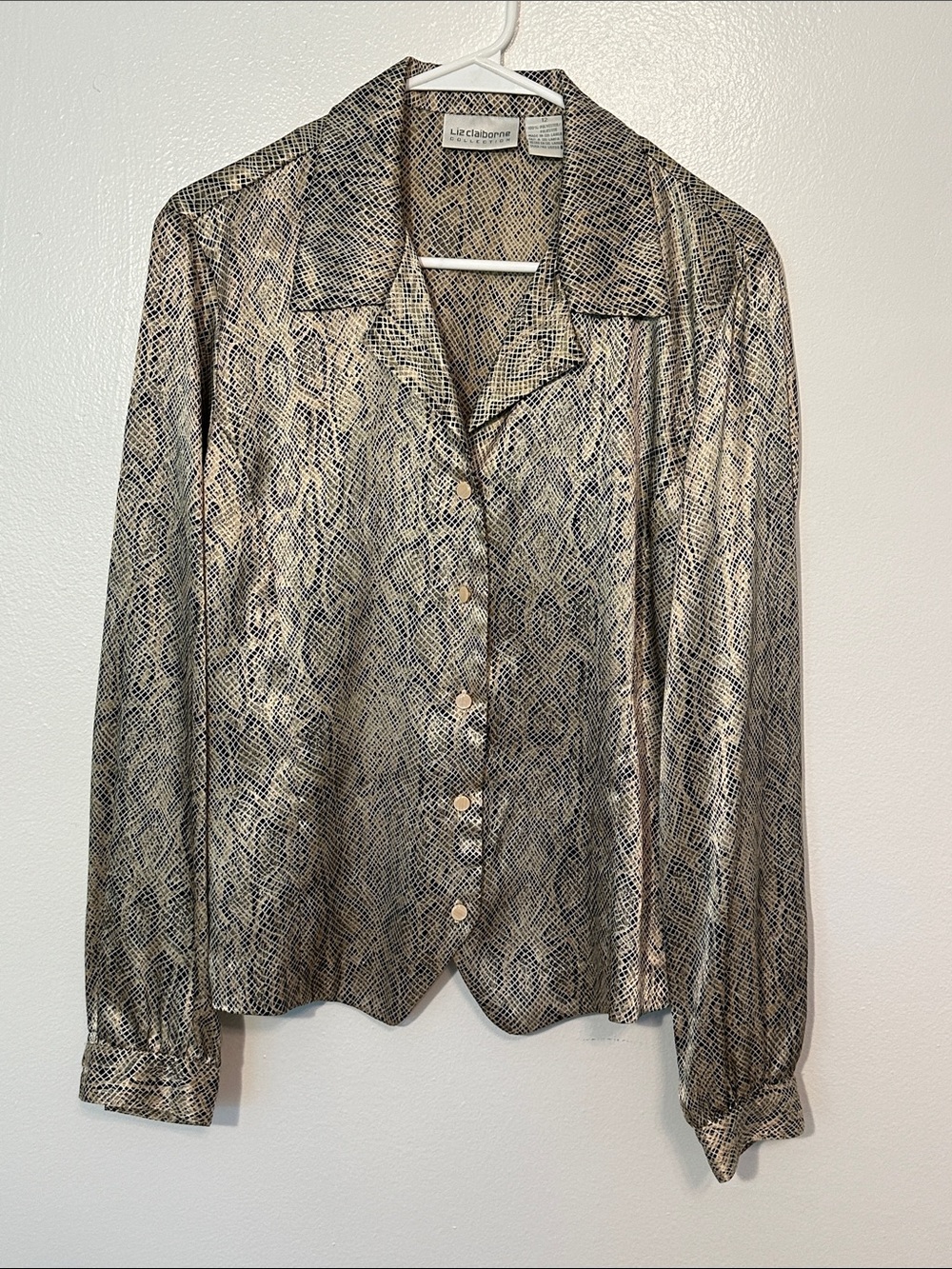 Vintage Liz Claiborne Gold and Black Snakeskin-Print Satin Blouse